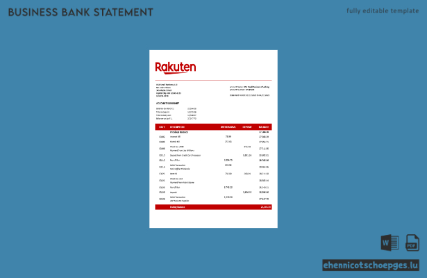 Beispiel eines Kontoauszugs eines japanischen Rakuten-Geschäftskontos (Word- und PDF-Datei)